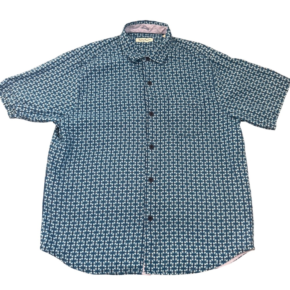 Tommy Bahama Mens Large 100% Silk Blue Geometric Print Short Sleeve Button Shirt